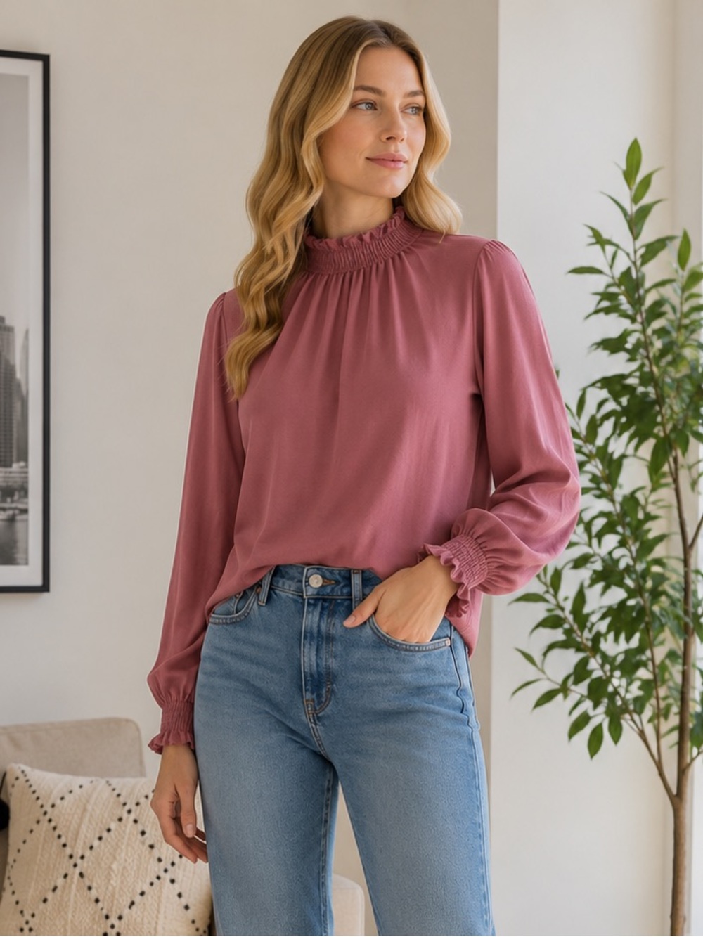 Zara Mauve Ruffle Shirred High Neck Blouse Long Sleeve Blouse size‎ Small